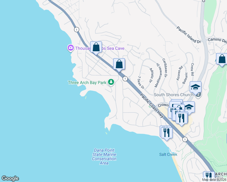 map of restaurants, bars, coffee shops, grocery stores, and more near 60 South La Senda Drive in Laguna Beach