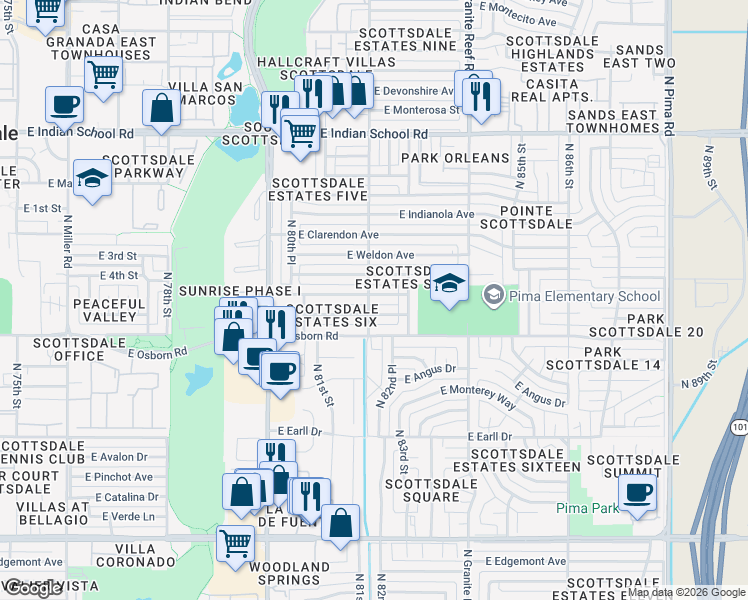 map of restaurants, bars, coffee shops, grocery stores, and more near 8201 East Whitton Avenue in Scottsdale