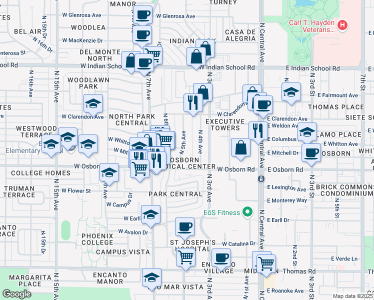 map of restaurants, bars, coffee shops, grocery stores, and more near 3601 North 5th Avenue in Phoenix