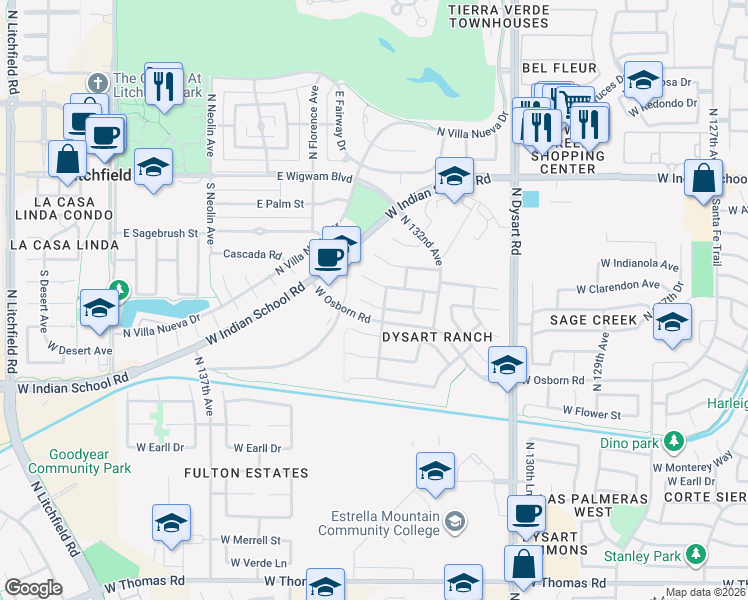 map of restaurants, bars, coffee shops, grocery stores, and more near 13306 West Clarendon Avenue in Litchfield Park