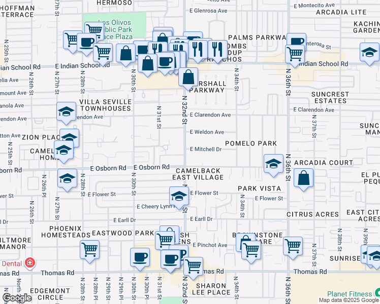 map of restaurants, bars, coffee shops, grocery stores, and more near 3427 North 32nd Street in Phoenix