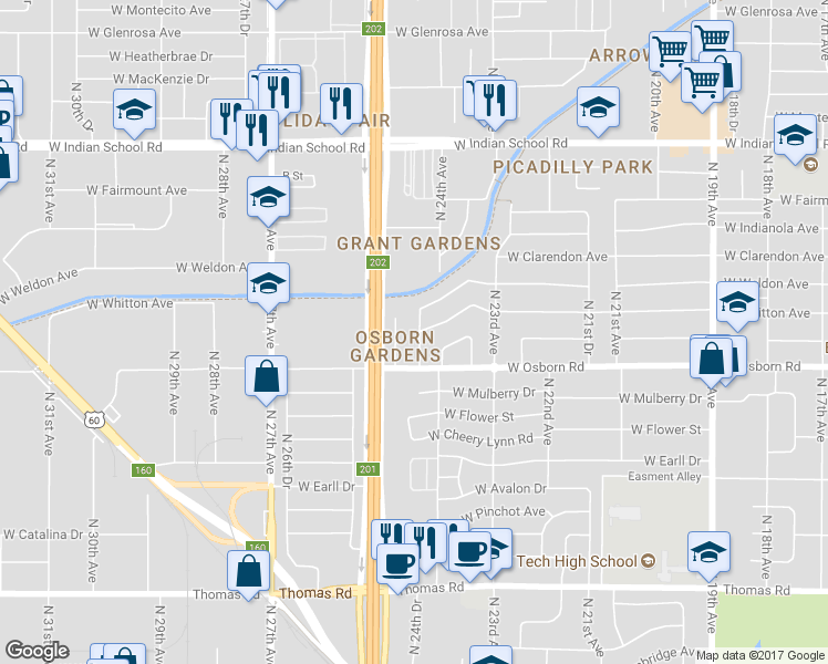 map of restaurants, bars, coffee shops, grocery stores, and more near 3432 North 24th Drive in Phoenix