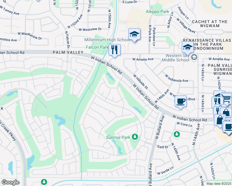 map of restaurants, bars, coffee shops, grocery stores, and more near 3680 North 149th Avenue in Goodyear