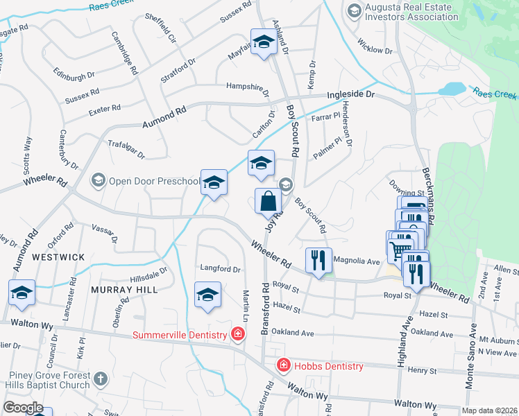 map of restaurants, bars, coffee shops, grocery stores, and more near 2812 Joy Road in Augusta
