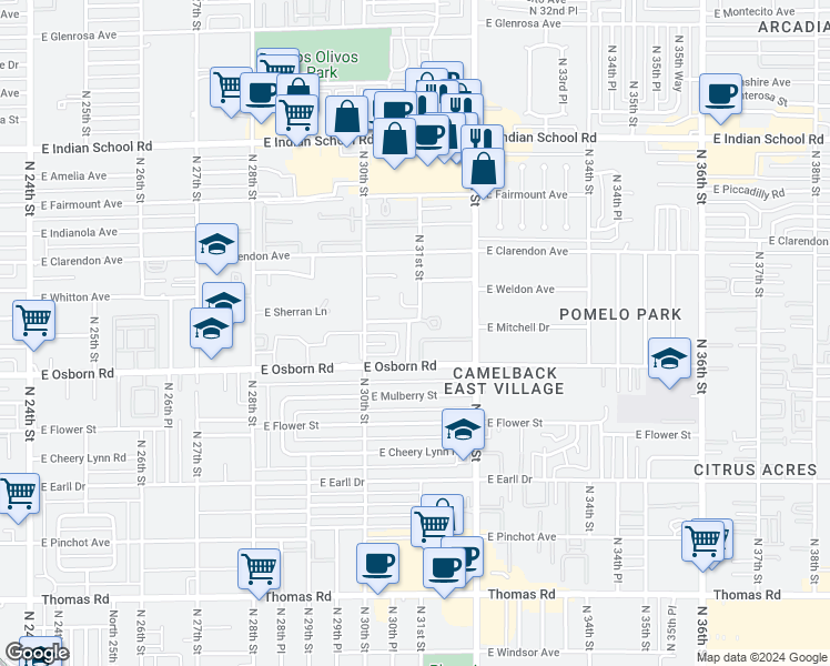 map of restaurants, bars, coffee shops, grocery stores, and more near 3431 North 31st Street in Phoenix
