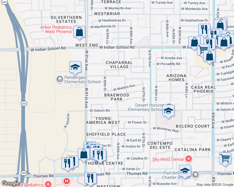 map of restaurants, bars, coffee shops, grocery stores, and more near 8858 West Columbus Avenue in Phoenix