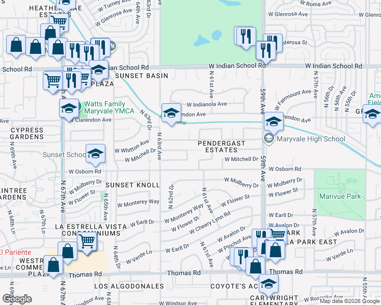 map of restaurants, bars, coffee shops, grocery stores, and more near 3433 North 61st Drive in Phoenix