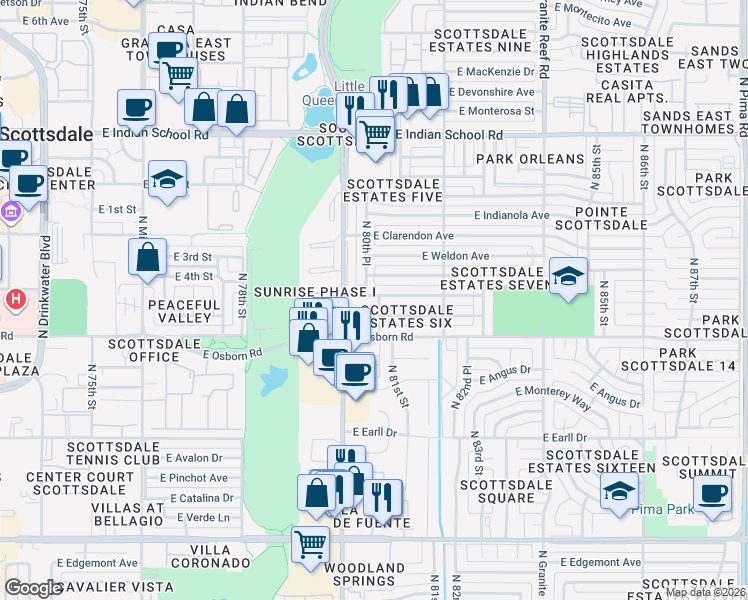 map of restaurants, bars, coffee shops, grocery stores, and more near 3514 North 81st Street in Scottsdale