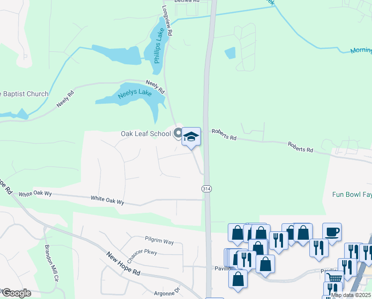 map of restaurants, bars, coffee shops, grocery stores, and more near 105 Silver Springs Dr in Fayetteville