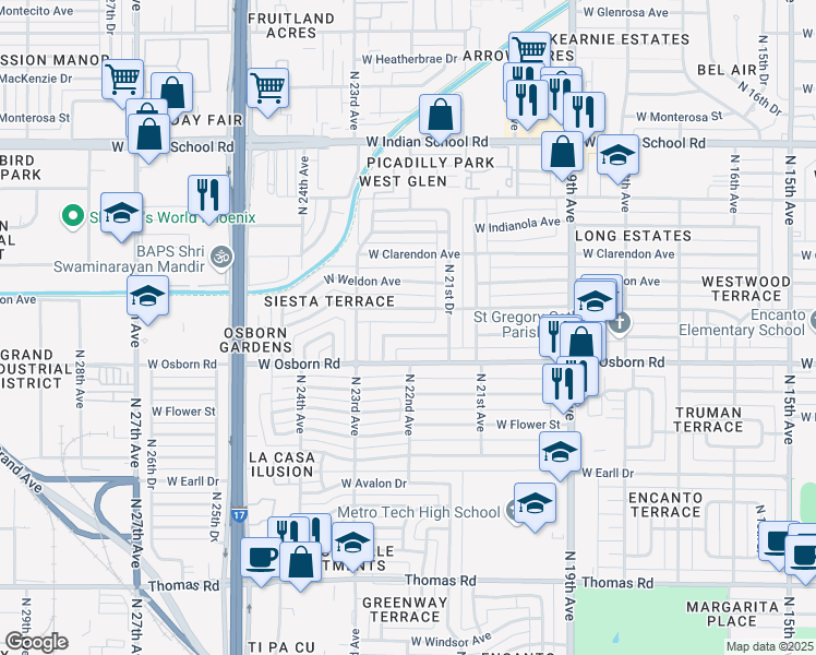 map of restaurants, bars, coffee shops, grocery stores, and more near 2202 West Mitchell Drive in Phoenix