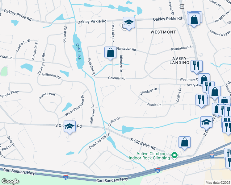 map of restaurants, bars, coffee shops, grocery stores, and more near 396 Crown Mill Drive in Augusta