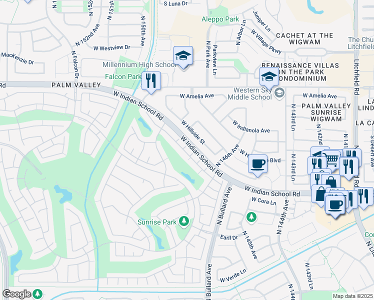 map of restaurants, bars, coffee shops, grocery stores, and more near 14812 West Piccadilly Road in Goodyear