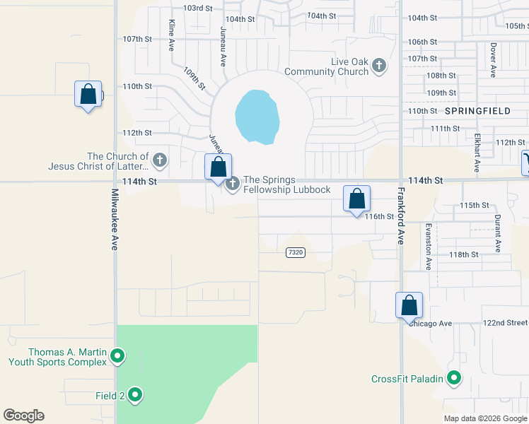 map of restaurants, bars, coffee shops, grocery stores, and more near 6016 116th Street in Lubbock