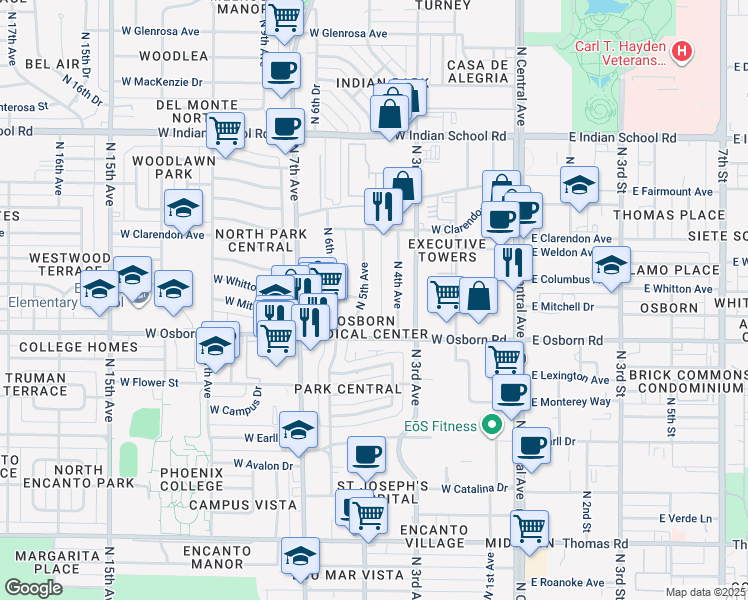 map of restaurants, bars, coffee shops, grocery stores, and more near 3601 North 5th Avenue in Phoenix