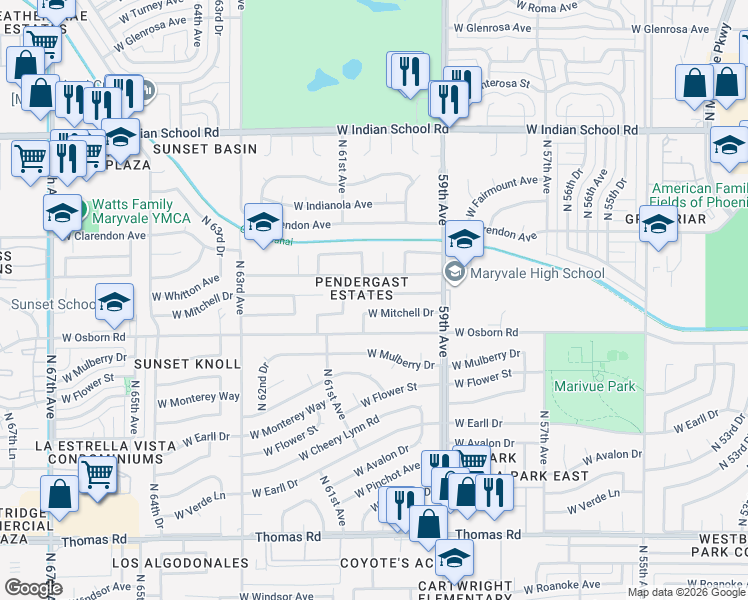 map of restaurants, bars, coffee shops, grocery stores, and more near 6021 West Whitton Avenue in Phoenix