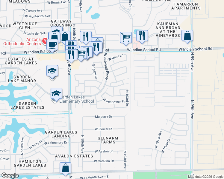 map of restaurants, bars, coffee shops, grocery stores, and more near 3620 North 104th Drive in Avondale