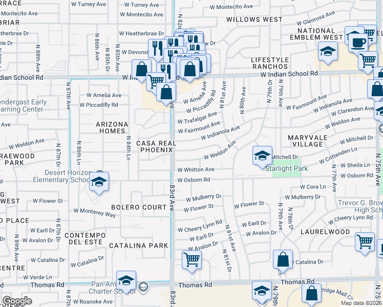 map of restaurants, bars, coffee shops, grocery stores, and more near 8213 West Clarendon Avenue in Phoenix