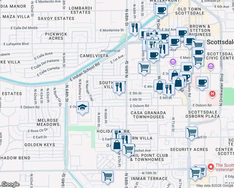 map of restaurants, bars, coffee shops, grocery stores, and more near 3513 North Apache Way in Scottsdale