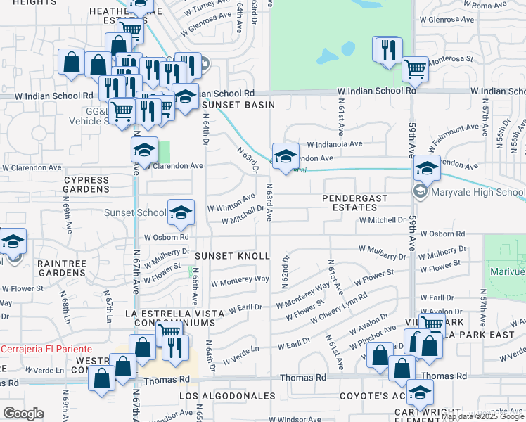 map of restaurants, bars, coffee shops, grocery stores, and more near 6307 West Mitchell Drive in Phoenix