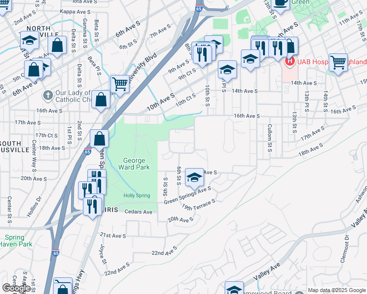 map of restaurants, bars, coffee shops, grocery stores, and more near 652 Idlewild Circle in Birmingham