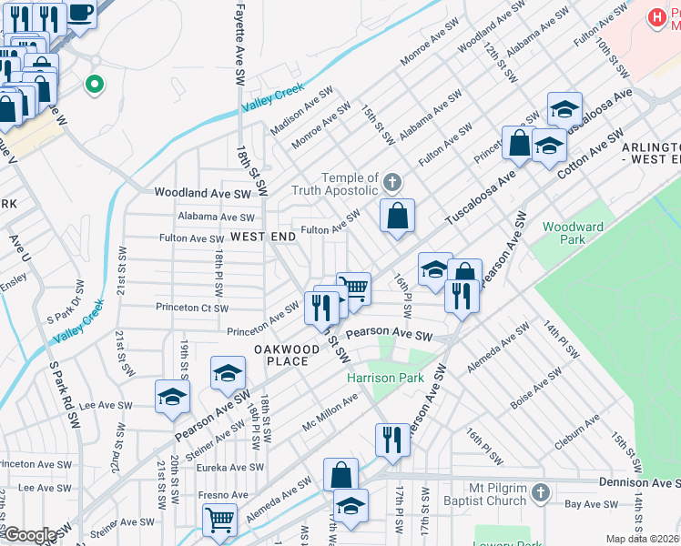 map of restaurants, bars, coffee shops, grocery stores, and more near 544 16th Way Southwest in Birmingham