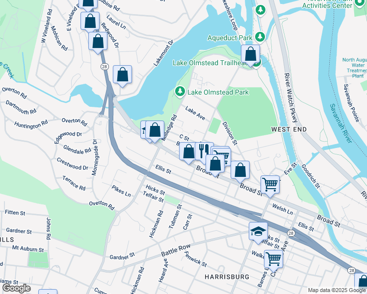 map of restaurants, bars, coffee shops, grocery stores, and more near 2133 B Street in Augusta