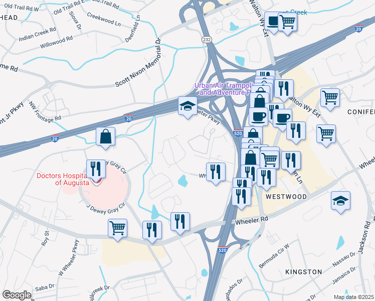 map of restaurants, bars, coffee shops, grocery stores, and more near 309 Caldwell Circle in Augusta