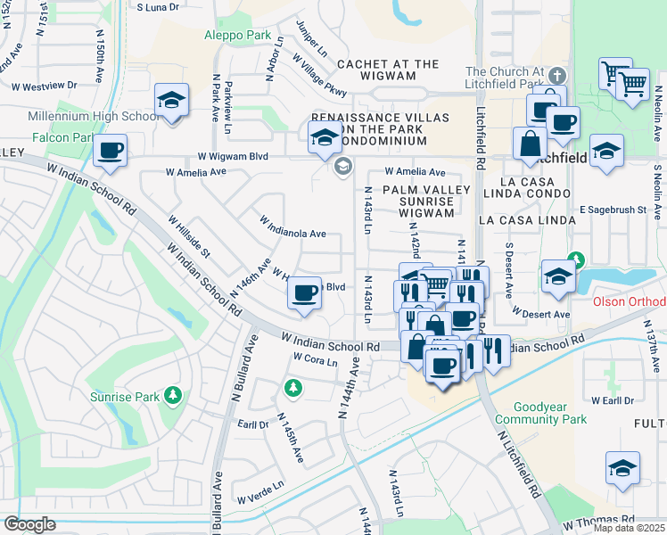 map of restaurants, bars, coffee shops, grocery stores, and more near 14444 West Weldon Avenue in Goodyear