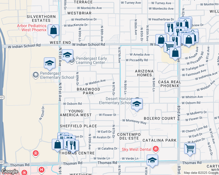map of restaurants, bars, coffee shops, grocery stores, and more near 8737 West Columbus Avenue in Phoenix