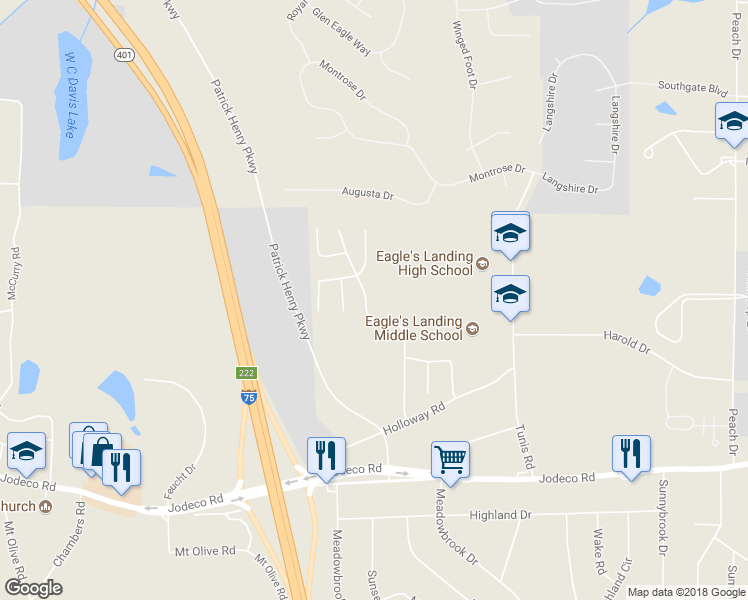 map of restaurants, bars, coffee shops, grocery stores, and more near 410 Chase Marion Way in McDonough