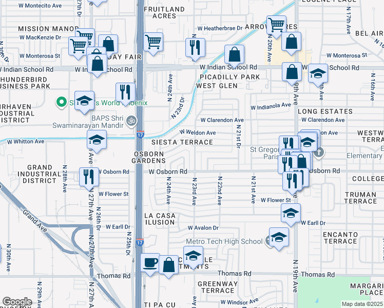 map of restaurants, bars, coffee shops, grocery stores, and more near 3432 North 23rd Avenue in Phoenix