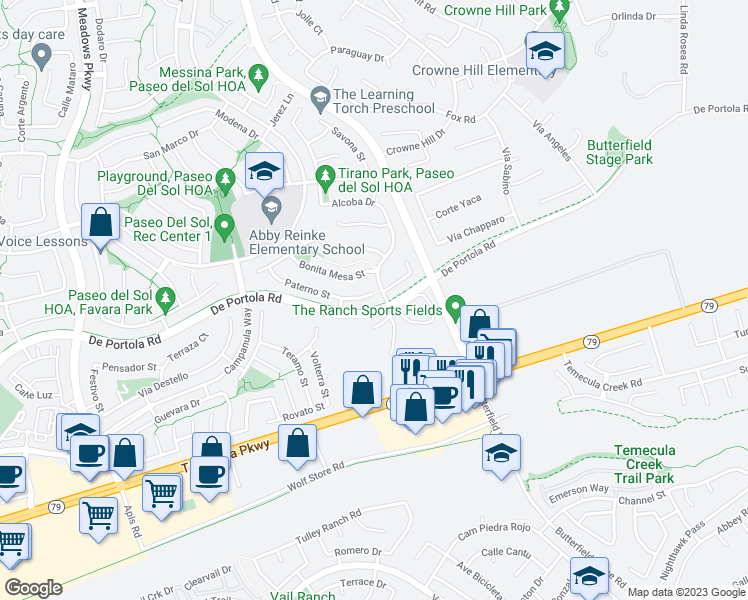 map of restaurants, bars, coffee shops, grocery stores, and more near 33031 Paterno Street in Temecula