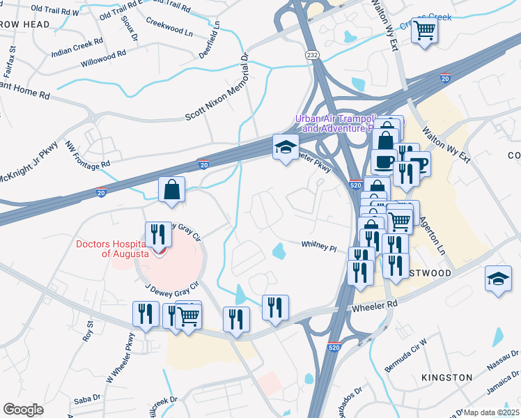 map of restaurants, bars, coffee shops, grocery stores, and more near 323 Whitney Pl in Augusta