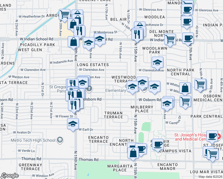 map of restaurants, bars, coffee shops, grocery stores, and more near 3432 North 16th Drive in Phoenix