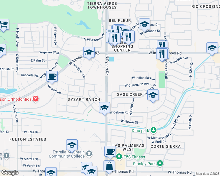map of restaurants, bars, coffee shops, grocery stores, and more near 3530 North 130th Drive in Avondale