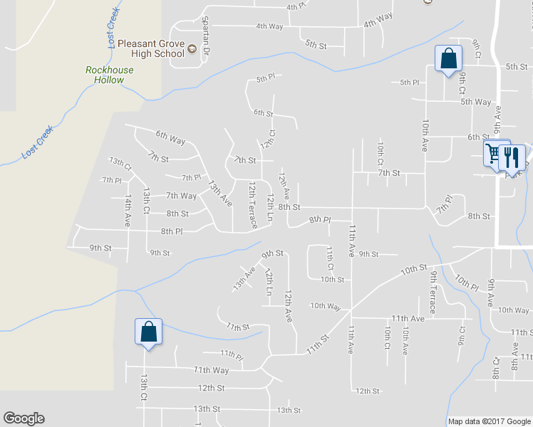 map of restaurants, bars, coffee shops, grocery stores, and more near 804 12th Lane in Pleasant Grove