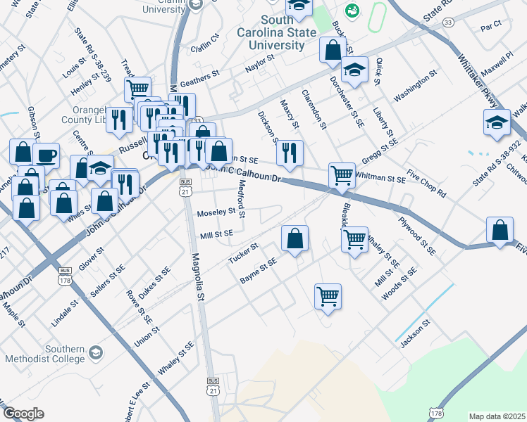 map of restaurants, bars, coffee shops, grocery stores, and more near 914 Moseley Street in Orangeburg