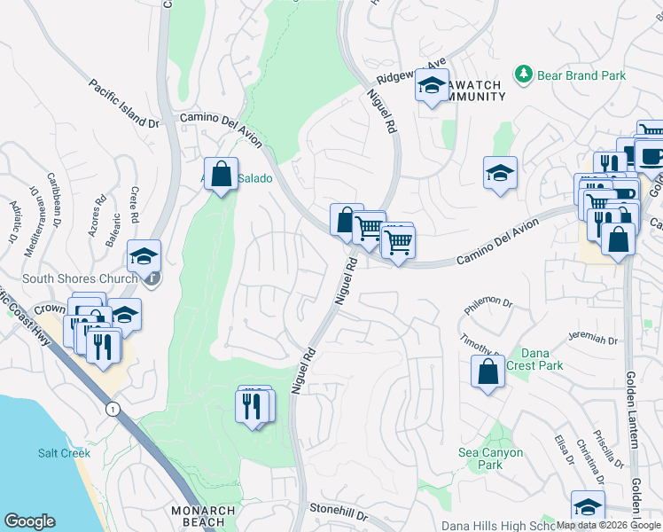 map of restaurants, bars, coffee shops, grocery stores, and more near in MONARCH BAY
