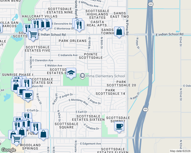 map of restaurants, bars, coffee shops, grocery stores, and more near 8531 East Whitton Avenue in Scottsdale