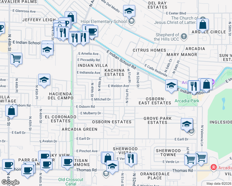map of restaurants, bars, coffee shops, grocery stores, and more near 3437 North 50th Place in Phoenix