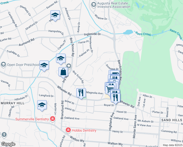 map of restaurants, bars, coffee shops, grocery stores, and more near 11 Indian Cove Road in Augusta