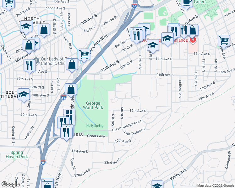 map of restaurants, bars, coffee shops, grocery stores, and more near 630 Idlewild Circle in Birmingham