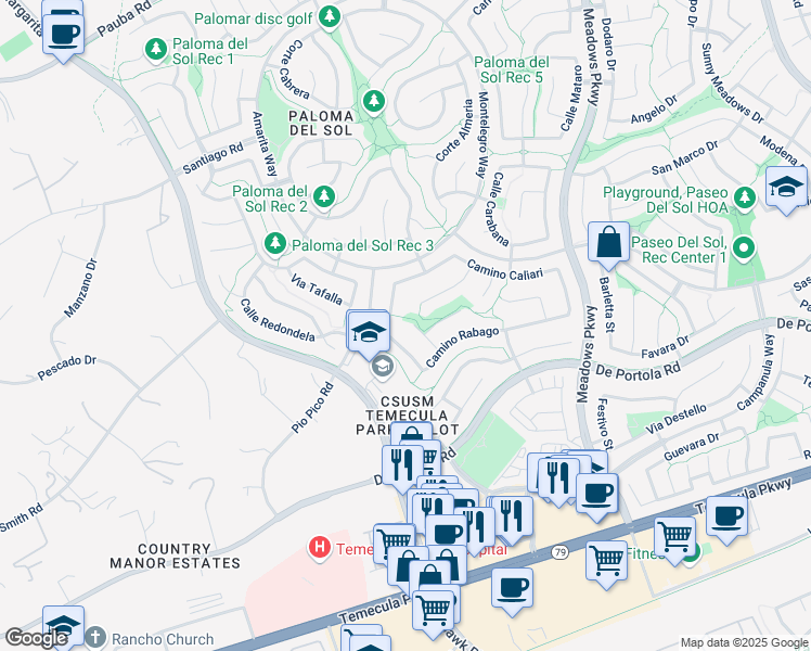 map of restaurants, bars, coffee shops, grocery stores, and more near 43859 Calle Sandor in Temecula