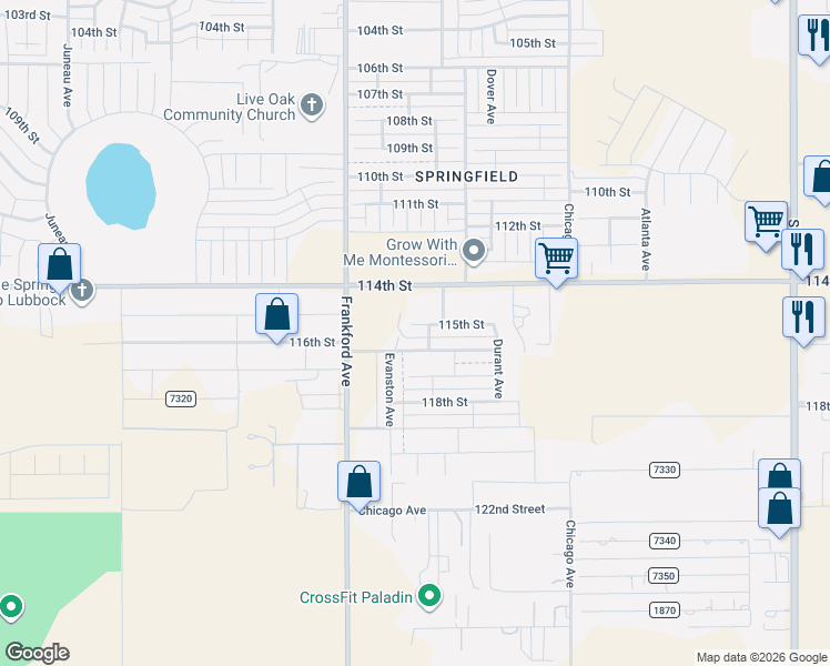 map of restaurants, bars, coffee shops, grocery stores, and more near 5579-5599 114th Street in Lubbock