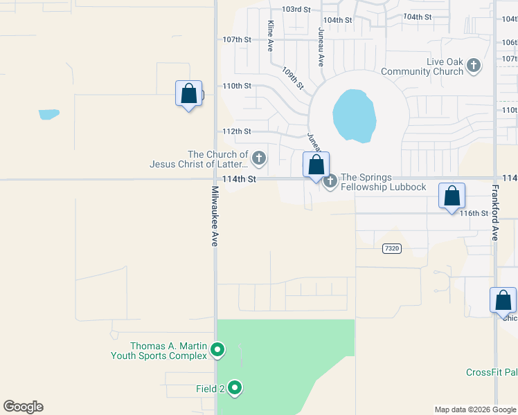 map of restaurants, bars, coffee shops, grocery stores, and more near 6401 114th Street in Lubbock