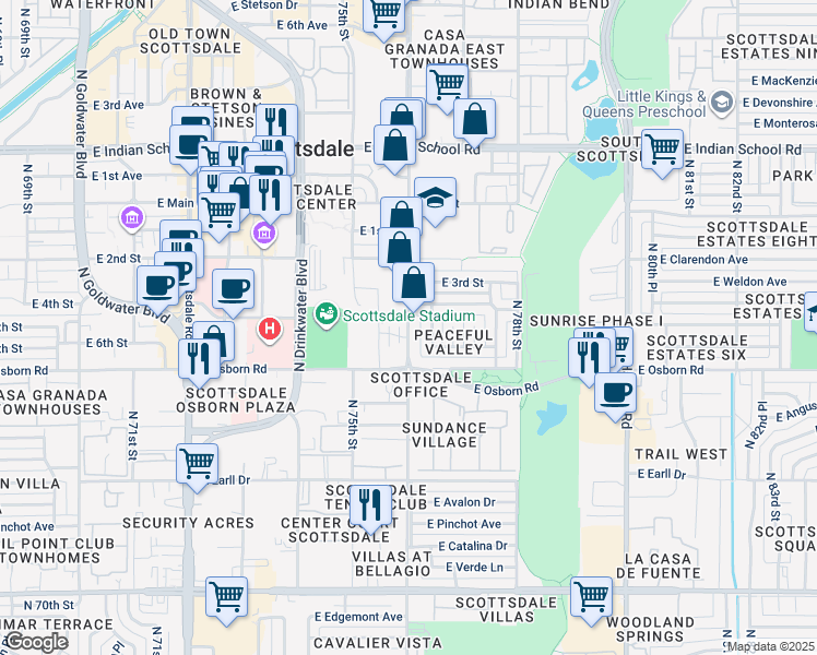 map of restaurants, bars, coffee shops, grocery stores, and more near 3524 North Miller Road in Scottsdale