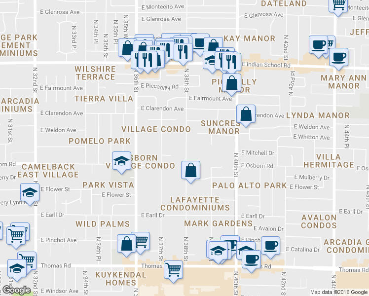 map of restaurants, bars, coffee shops, grocery stores, and more near 3428 North 38th Street in Phoenix