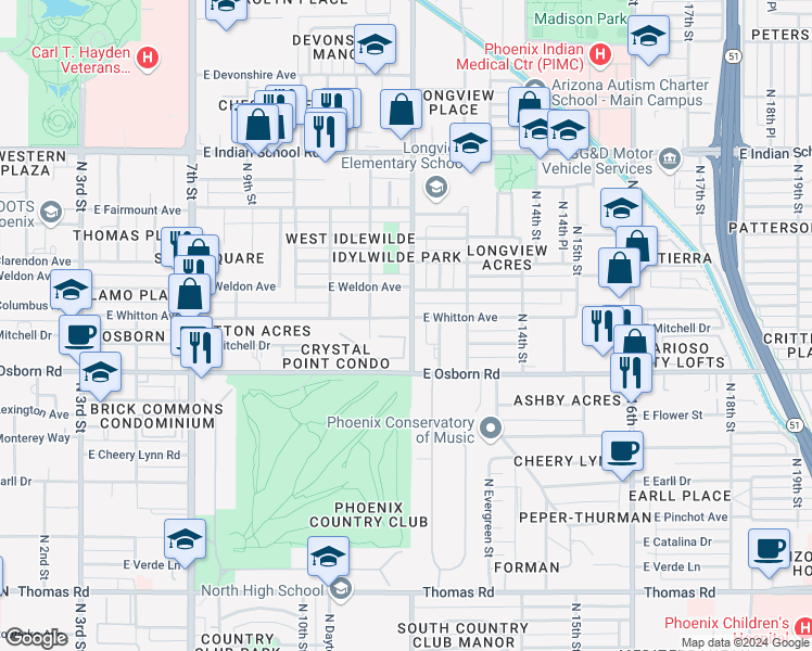 map of restaurants, bars, coffee shops, grocery stores, and more near 3515 North 12th Street in Phoenix