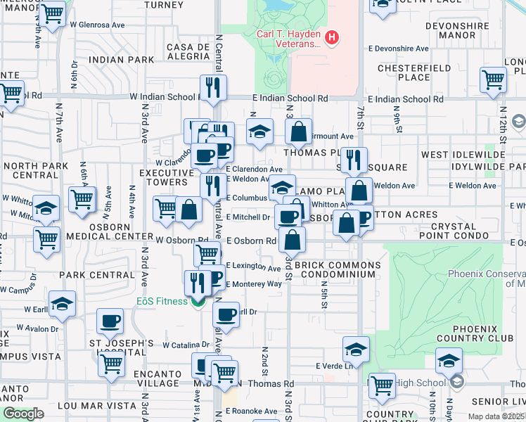 map of restaurants, bars, coffee shops, grocery stores, and more near 60 East Mitchell Drive in Phoenix
