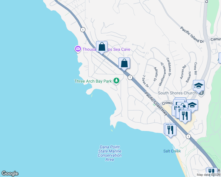 map of restaurants, bars, coffee shops, grocery stores, and more near 35 Bay Drive in Laguna Beach
